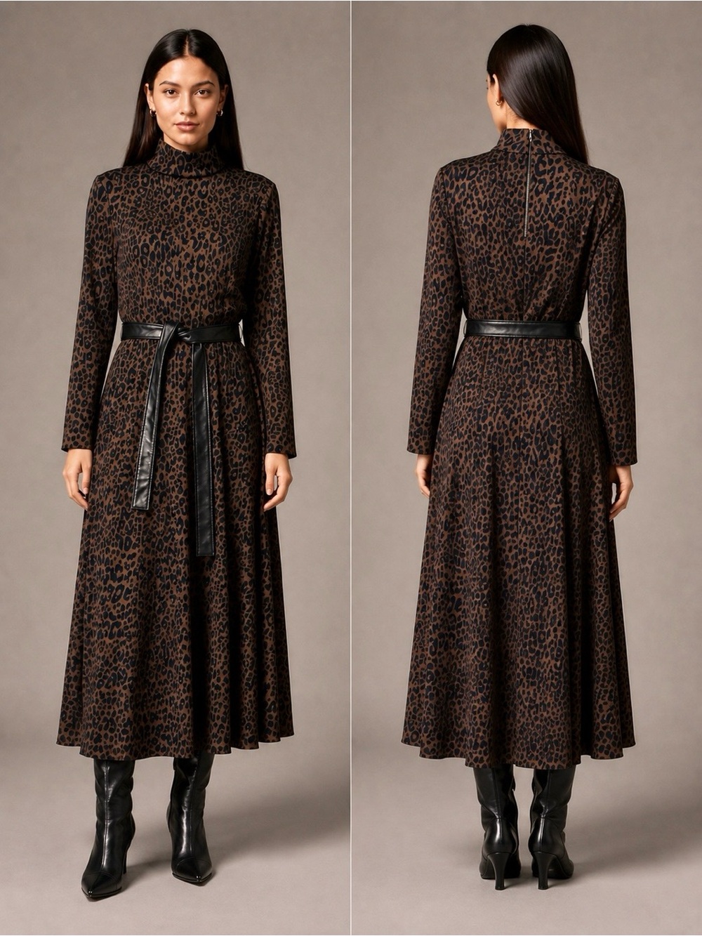 Y2K Anne Klein Animal Print Long Sleeve Midi Dress in Espresso Combo | Size 16